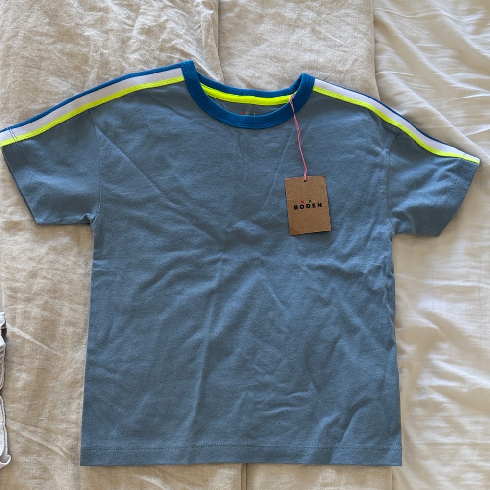 Boden Kids Tee in Blue with Neon Yellow Stripes